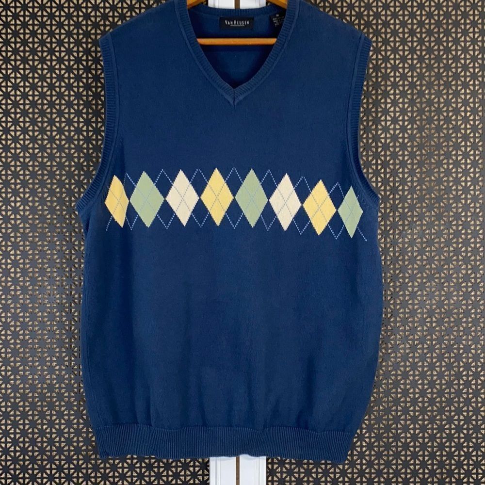 Van Heusen Mens Sleeveless Blue V Neck Pullover Sweater Size Medium